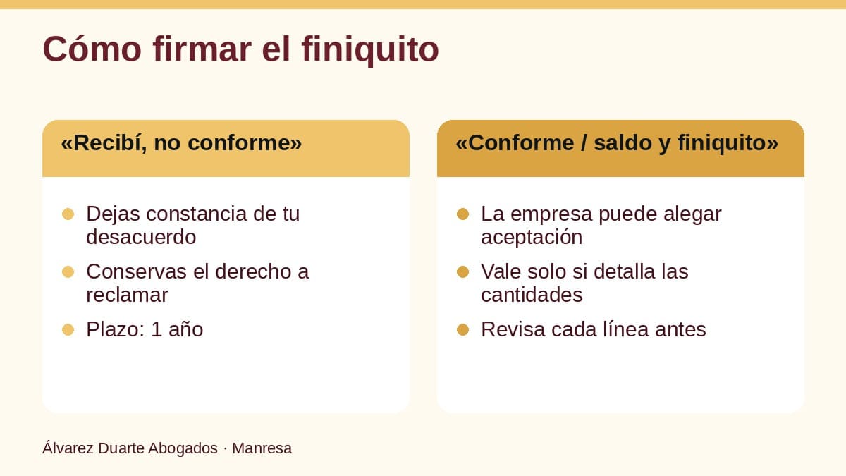 Firmar el finiquito: recibí, no conforme y cuándo reclamar