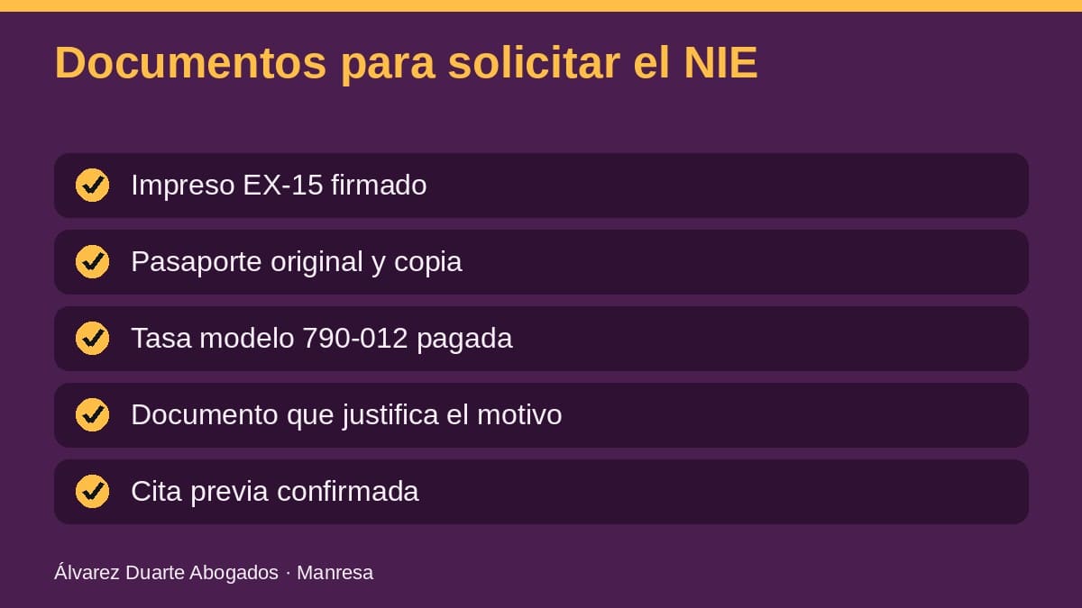 Documentos para solicitar el NIE: formulario EX-15, tasa 790-012 y pasaporte
